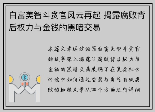 白富美智斗贪官风云再起 揭露腐败背后权力与金钱的黑暗交易